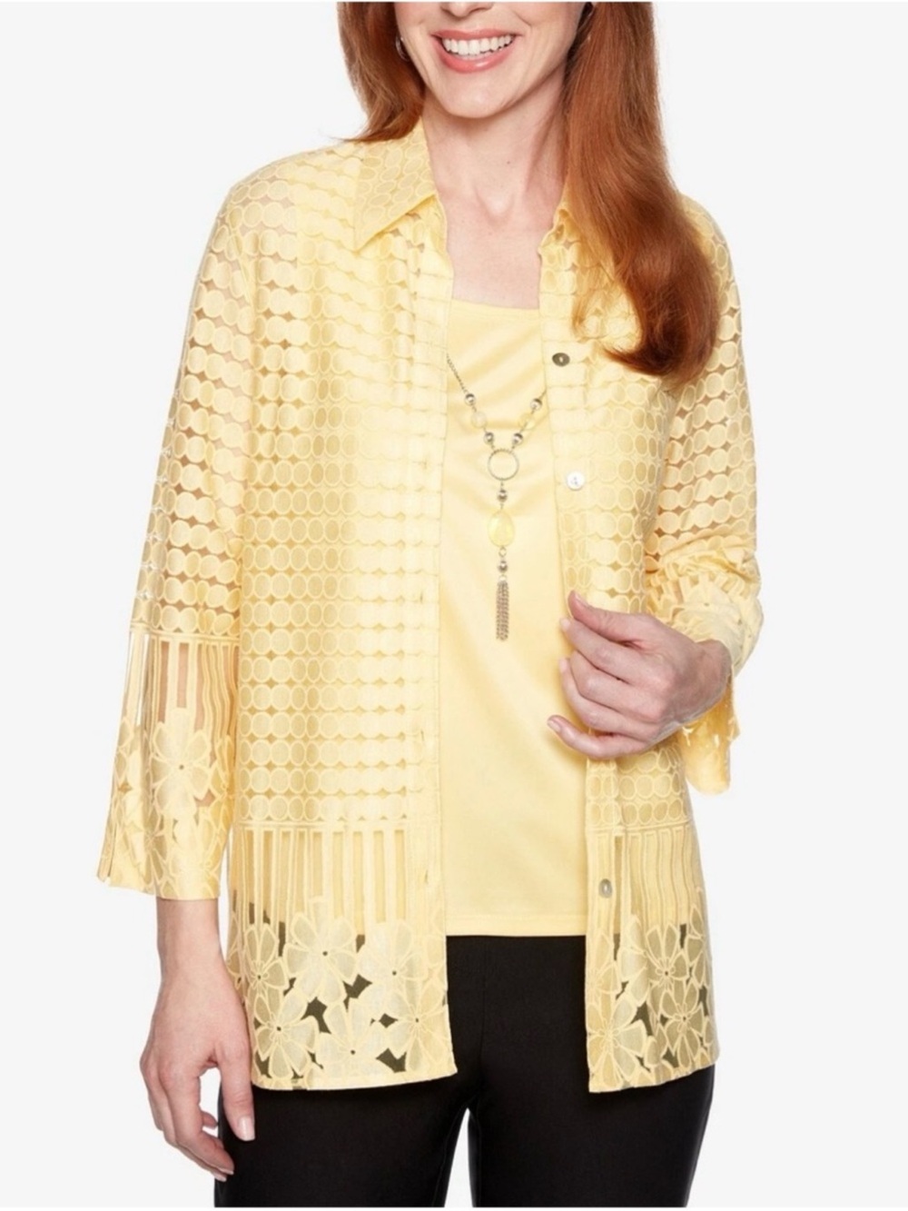 Alfred Dunner Yellow Lace Button-Front Shirt
